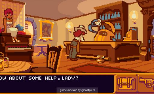Pixel art game mockup by artist @castpixel, depicting a warm-toned saloon interior. A woman in elegant attire sits atop a piano on the left, while a cowboy-dressed woman leans on the bar counter, speaking to a large, round robot bartender. The scene features classic Western décor, complete with wooden furniture and shelves filled withincludes classic Western décor with wooden furniture and shelves of bottles. A dialogue box at the bottom reads ‘How about some help, lady?’, along with UI icons showing a bag 